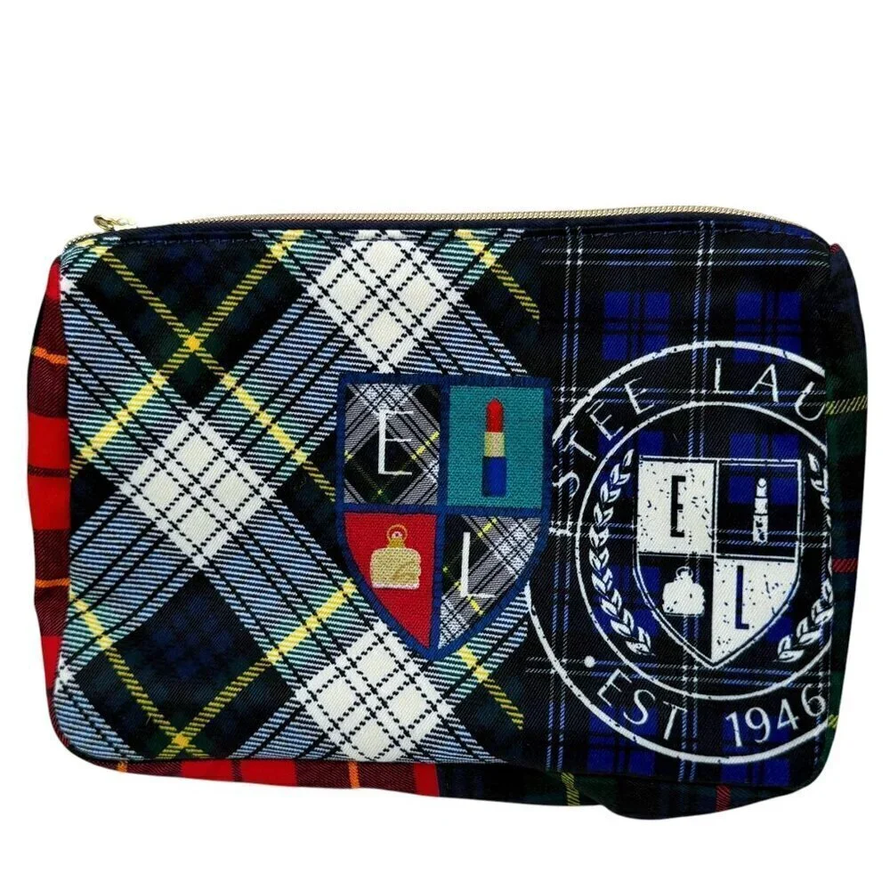 ESTEE LAUDER Preppy Plaid Cosmetic Bag Fabric Zip Pouch NWOT